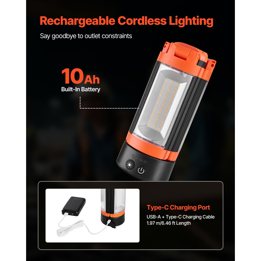 VEVOR LED Work Light with Stand, 10Ah, Rechargeable Cordless Camping Light, with 3 Lamp Heads, Detachable Tripod Stand, 2200 Lumens 3000K-6500K Dimmable, Portable Construction Lighting for Job Site