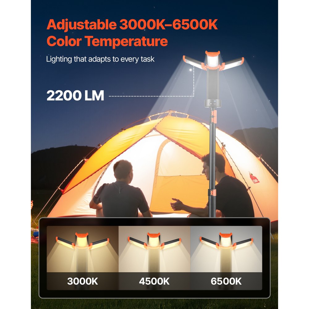 VEVOR LED Work Light with Stand, 13.2Ah, Rechargeable Cordless Camping Light, with 3 Lamp Heads, Detachable Tripod Stand, 2200 Lumens 3000K-6500K Dimmable, Portable Construction Lighting for Job Site