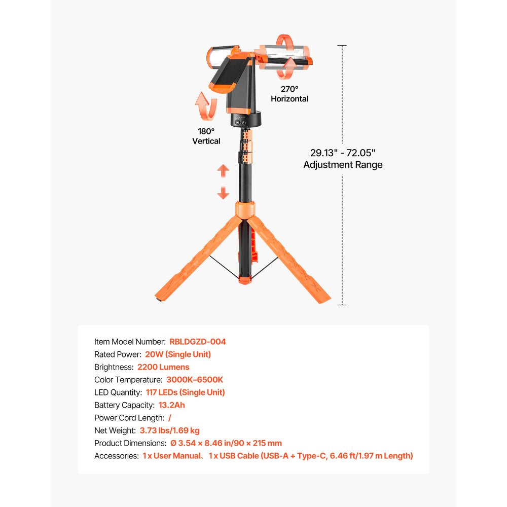 VEVOR LED Work Light with Stand, 13.2Ah, Rechargeable Cordless Camping Light, with 3 Lamp Heads, Detachable Tripod Stand, 2200 Lumens 3000K-6500K Dimmable, Portable Construction Lighting for Job Site