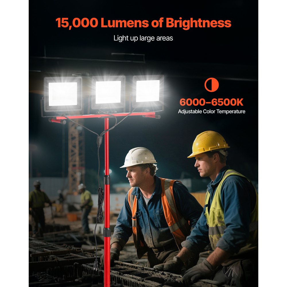 VEVOR LED Work Light with Stand, 15000 Lumens, Three-Head Portable Camping Light with Individual Switch, Tripod Stand, 10.83 ft Power Cord, for Indoor Outdoor Job Site Construction, IP65 Waterproof
