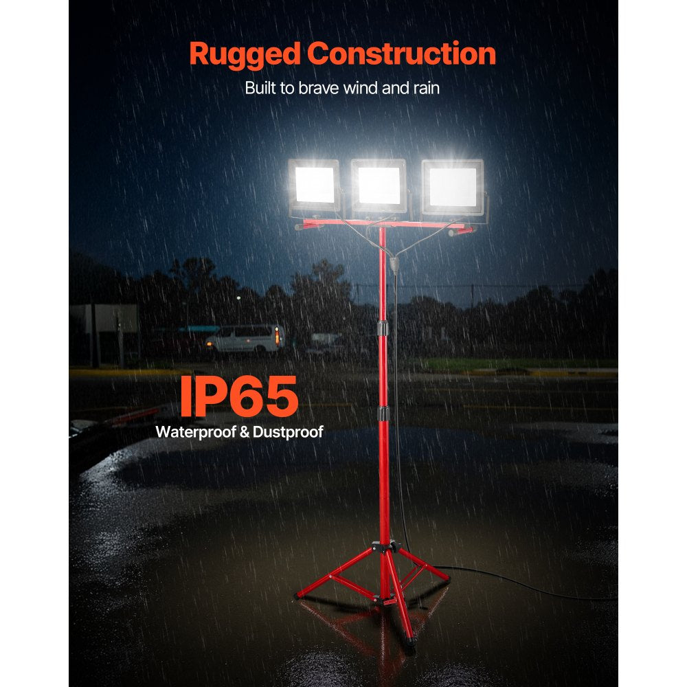 VEVOR LED Work Light with Stand, 15000 Lumens, Three-Head Portable Camping Light with Individual Switch, Tripod Stand, 10.83 ft Power Cord, for Indoor Outdoor Job Site Construction, IP65 Waterproof