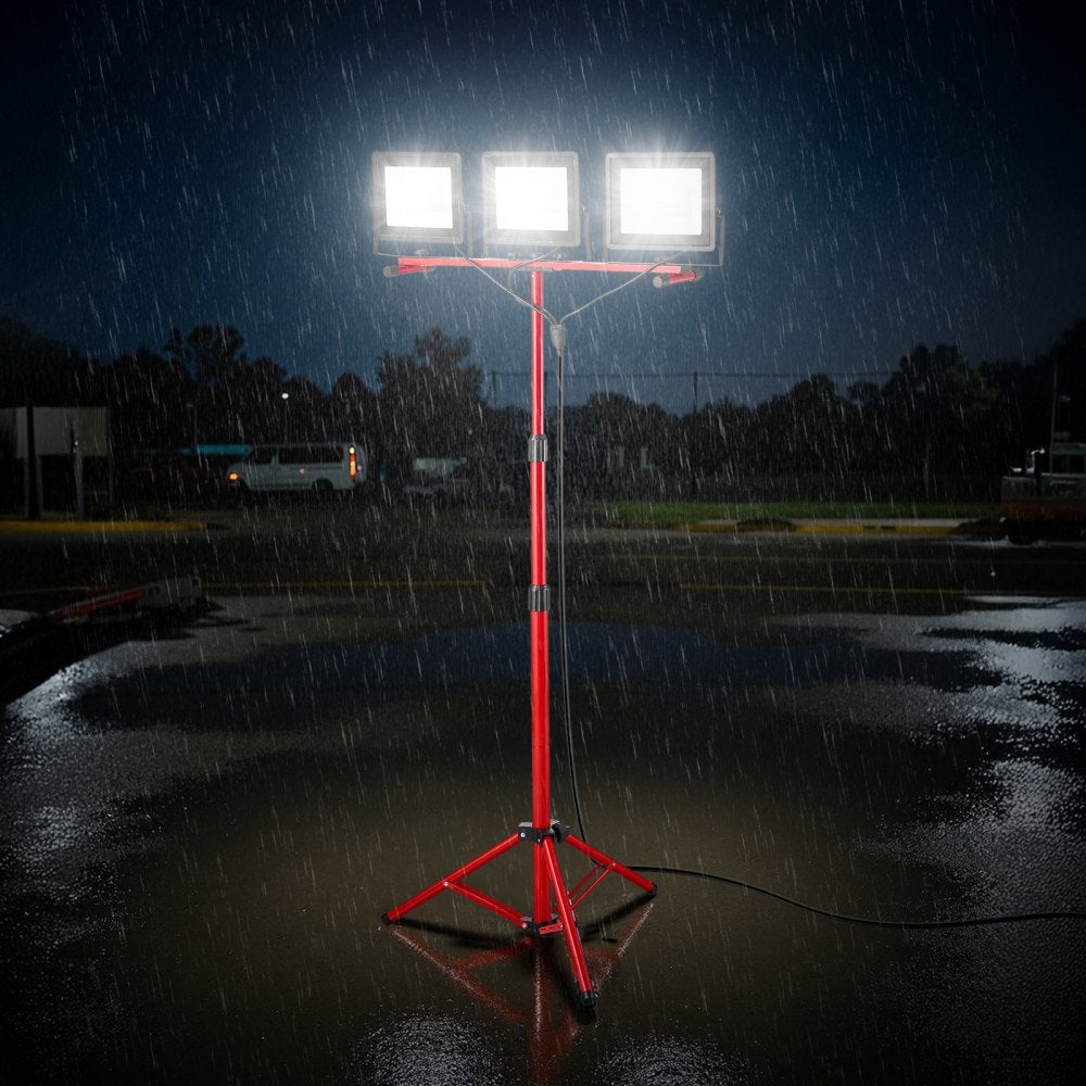 VEVOR LED Work Light with Stand, 15000 Lumens, Three-Head Portable Camping Light with Individual Switch, Tripod Stand, 10.83 ft Power Cord, for Indoor Outdoor Job Site Construction, IP65 Waterproof