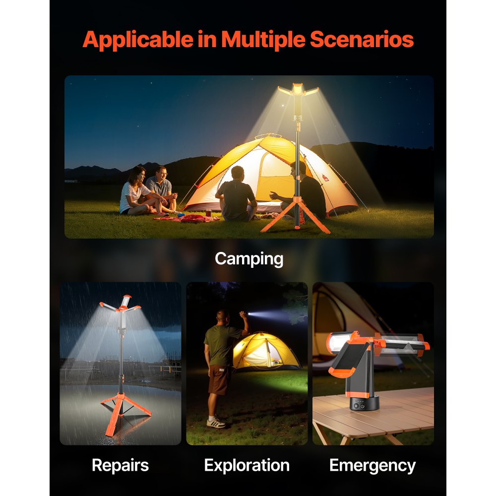 VEVOR LED Work Light with Stand, 8Ah, Rechargeable Cordless Camping Light, with 3 Lamp Heads, Detachable Tripod Stand, 2200 Lumens 3000K-6500K Dimmable, Portable Construction Lighting for Job Site