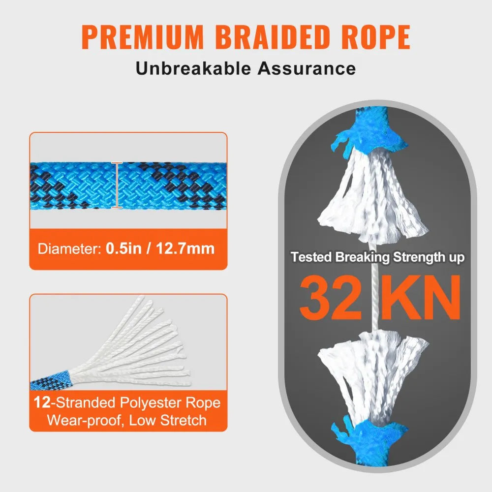VEVOR 12.7mm Static Climbing Rope, 38M(125ft) Outdoor Rock Climbing Rope 30KN Breaking Tension, Fiber Rope with Steel Snap Hooks for Escape, Rappelling, Fire Rescue, Blue