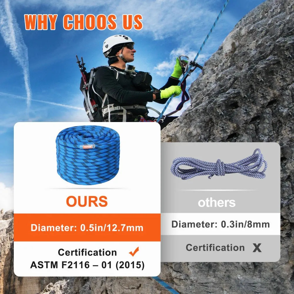 VEVOR 12.7mm Static Climbing Rope, 38M(125ft) Outdoor Rock Climbing Rope 30KN Breaking Tension, Fiber Rope with Steel Snap Hooks for Escape, Rappelling, Fire Rescue, Blue