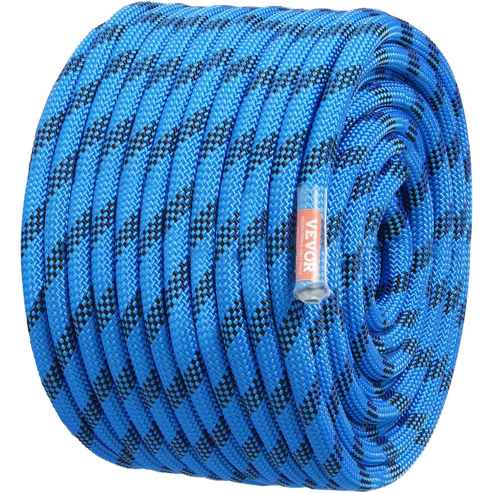 VEVOR 12.7mm Static Climbing Rope, 38M(125ft) Outdoor Rock Climbing Rope 30KN Breaking Tension, Fiber Rope with Steel Snap Hooks for Escape, Rappelling, Fire Rescue, Blue
