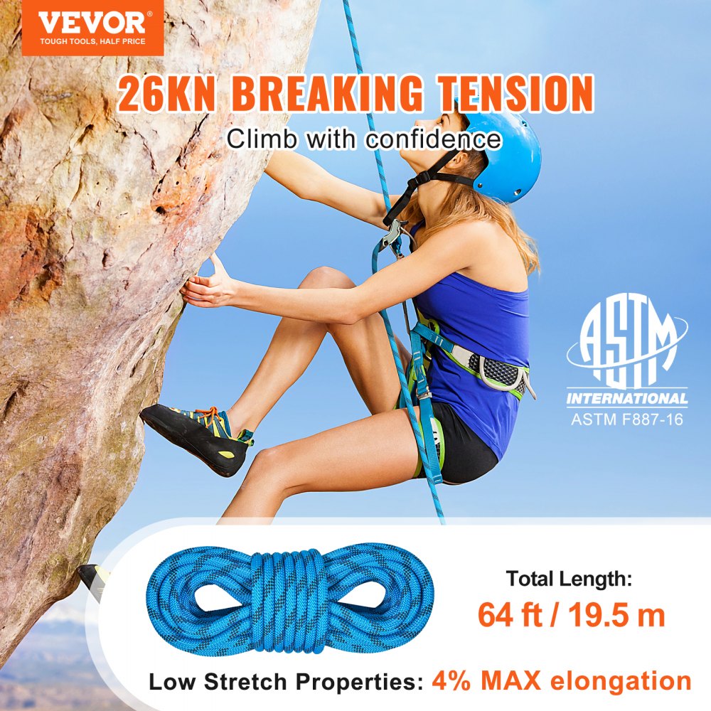 VEVOR 10.5 mm Static Climbing Rope, 19.5M(64ft) Outdoor Rock Climbing Rope 25KN Breaking Tension, Fiber Rope with Steel Snap Hooks for Escape, Rappelling, Fire Rescue, Blue
