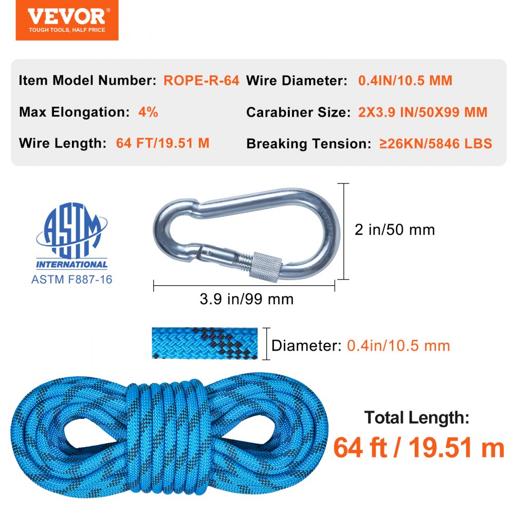 VEVOR 10.5 mm Static Climbing Rope, 19.5M(64ft) Outdoor Rock Climbing Rope 25KN Breaking Tension, Fiber Rope with Steel Snap Hooks for Escape, Rappelling, Fire Rescue, Blue