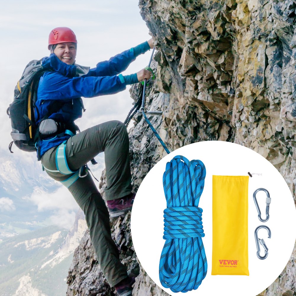 VEVOR 10.5 mm Static Climbing Rope, 19.5M(64ft) Outdoor Rock Climbing Rope 25KN Breaking Tension, Fiber Rope with Steel Snap Hooks for Escape, Rappelling, Fire Rescue, Blue