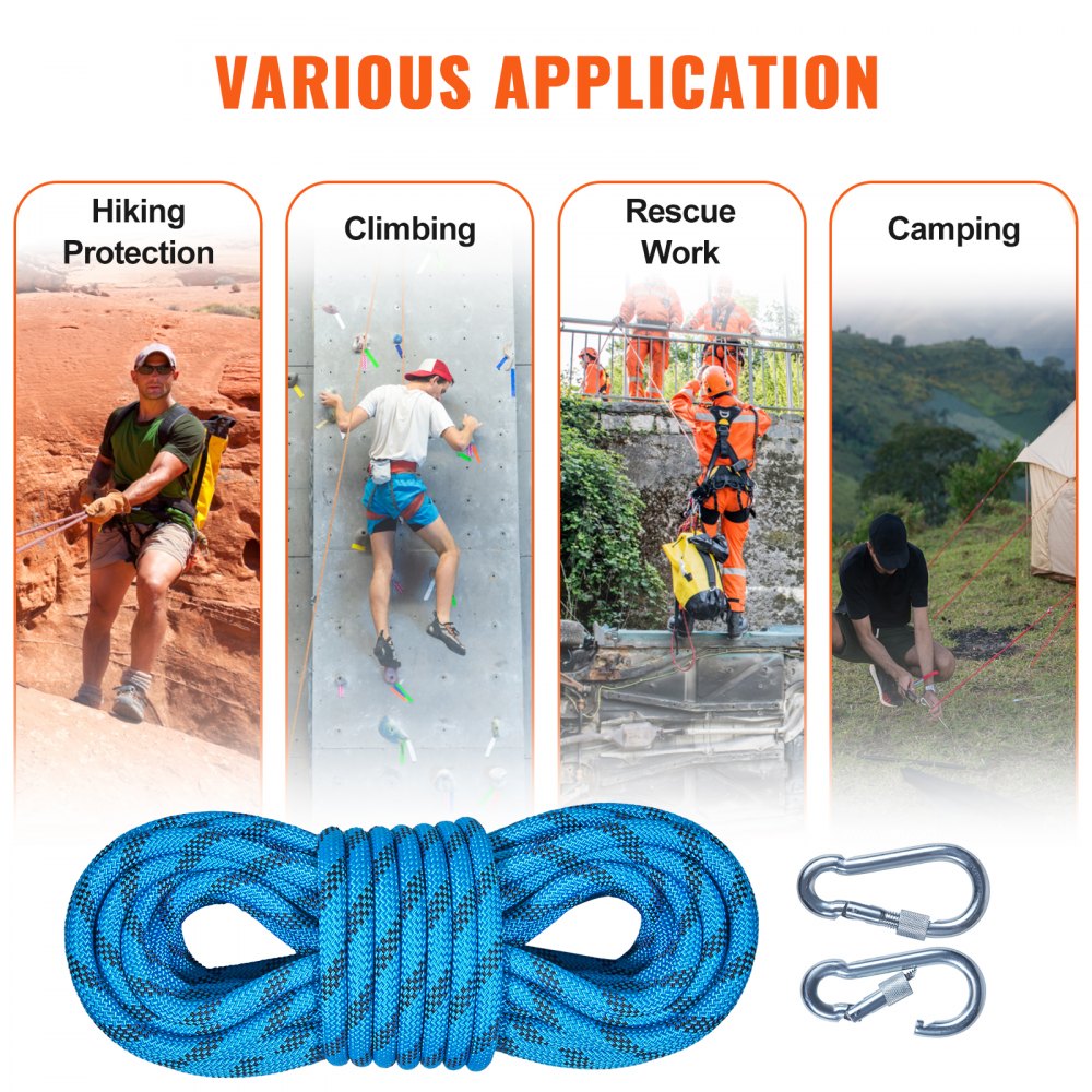 VEVOR 10.5 mm Static Climbing Rope, 29.3M(96ft) Outdoor Rock Climbing Rope 25KN Breaking Tension, Fiber Rope with Steel Snap Hooks for Escape, Rappelling, Fire Rescue, Blue
