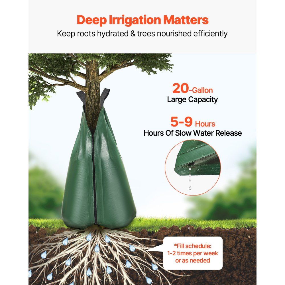 VEVOR Tree Watering Bag, 12 Packs 20 Gallons Watering Bags for New Trees, 5-9 Hours Slow Release Refillable Tree Drip Irrigation Bags with Zipper, Durable Tree Watering System for Deep Root Targeting