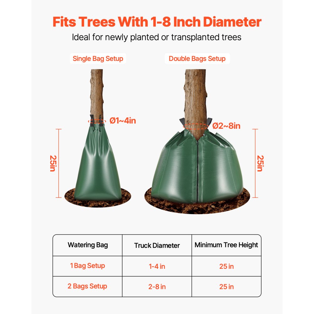 VEVOR Tree Watering Bag, 8 Packs 20 Gallons Watering Bags for New Trees, 5-9 Hours Slow Release Refillable Tree Drip Irrigation Bags with Zipper, Durable Tree Watering System for Deep Root Targeting