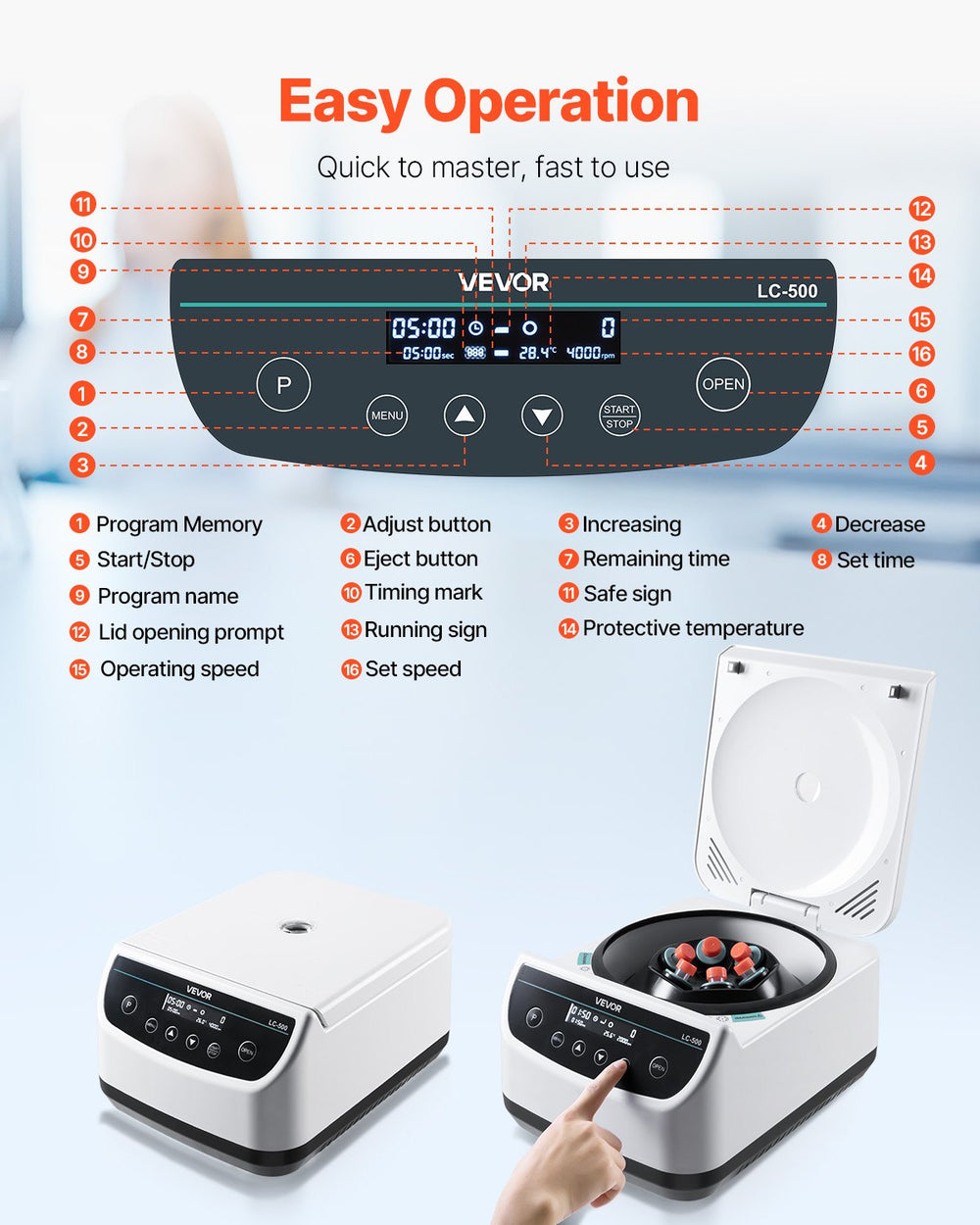 VEVOR centrifuge machine - easy operation control panel infographic