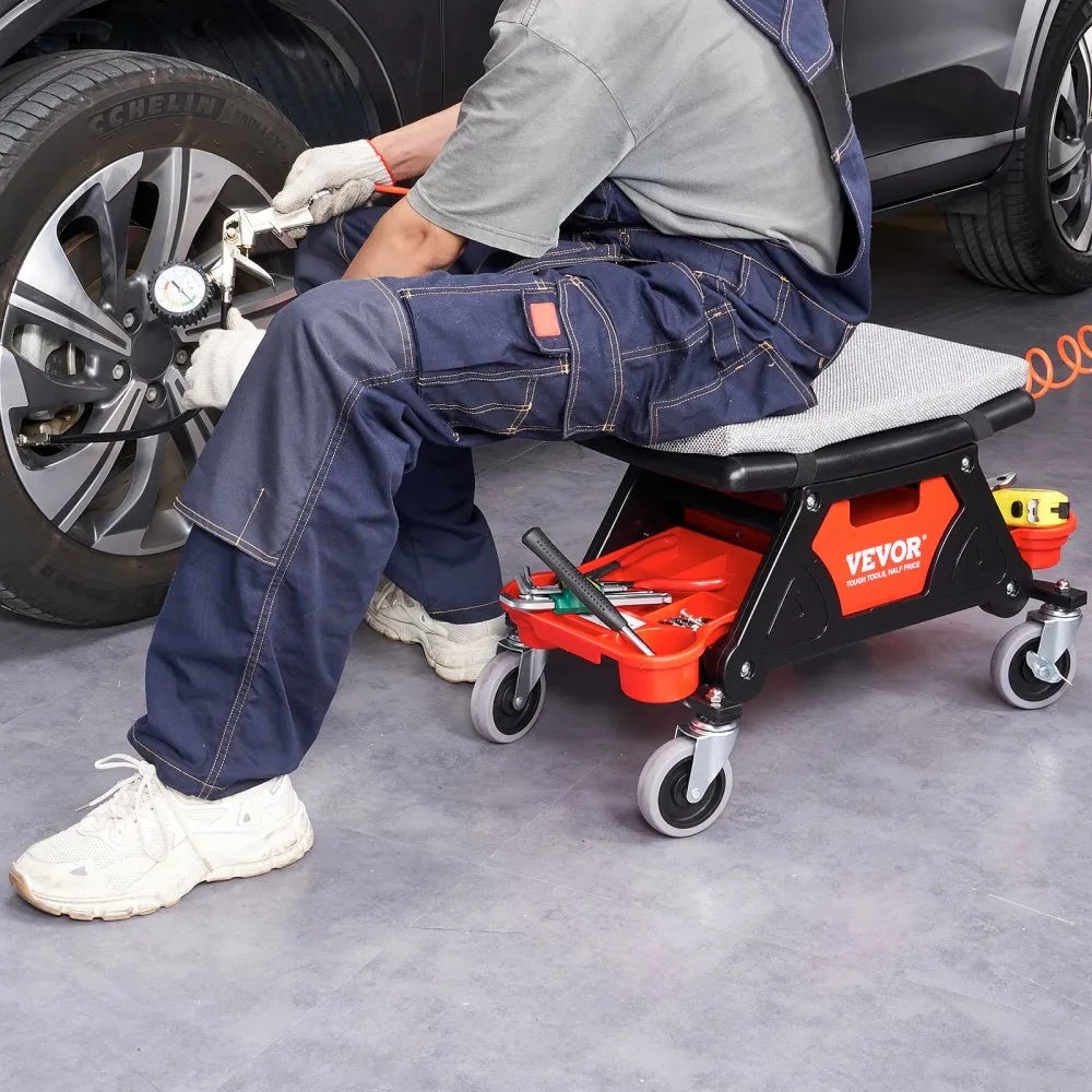 VEVOR Mechanics Stool, 300 LBS Capacity Rolling Mechanic Seat with 4" Wheels, with Three Slide Out Tool Trays and Drawer, Heavy Duty Roller Creeper Seat for Home Garage DIY Automotive