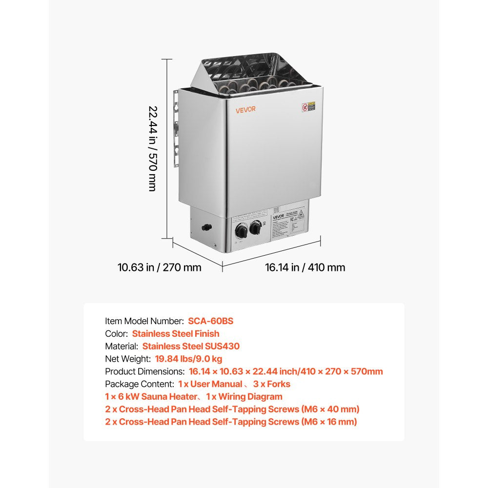 VEVOR Sauna Heater, 6KW 240V Electric Sauna Stove, Dry Steam Bath Saunas Stove with Pre-Drilled Bracket, Fit 176.5 to 317.8 CU.FT Saunas Rooms, Steam Bath Stoves for Home, Commercial, Leisure Venues