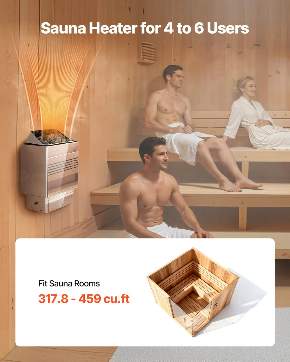 Sauna heater for 4 to 6 users; fits sauna rooms 317.8 to 459 cu. ft.