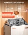 Traditional sauna real steam; requires 22–33 lbs of stones; up to 80 ml water at a time
