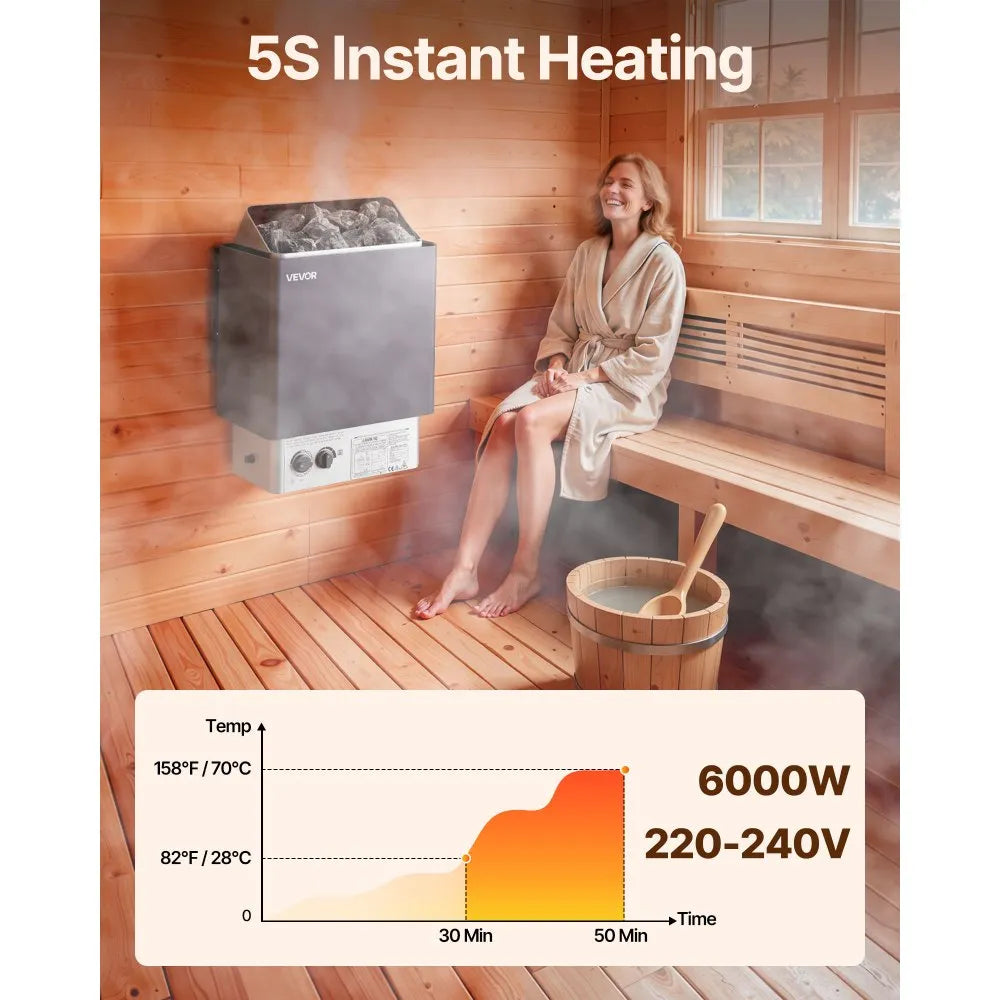 VEVOR Sauna Heater, 6KW 220V Electric Sauna Stove, Steam Bath Sauna Heater with Built-In Controls, 3h Timer and Adjustable Temp for Max. 176-318 Cubic Feet, Home Hotel Spa Shower Use