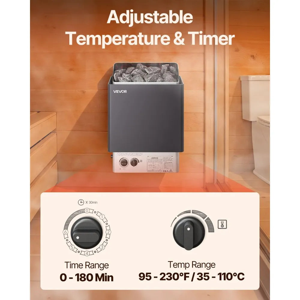 VEVOR Sauna Heater, 6KW 220V Electric Sauna Stove, Steam Bath Sauna Heater with Built-In Controls, 3h Timer and Adjustable Temp for Max. 176-318 Cubic Feet, Home Hotel Spa Shower Use