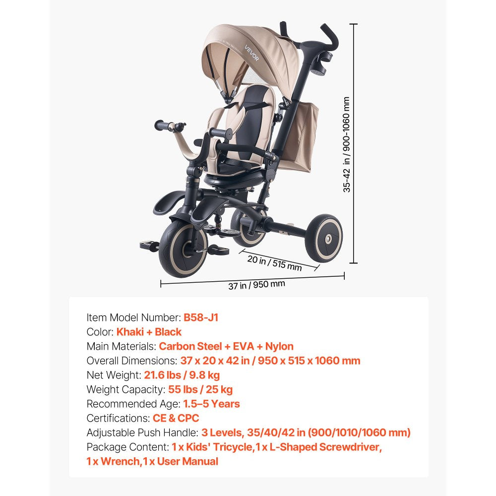 VEVOR Toddler Tricycle & Stroller for 18 Months to 5 Year Old, 7-in-1 Kids Trike with Parent Push Handle, Canopy, Rotating Seat and Storage, Tricycle for Toddlers, Birthday Toy for Boys and Girls