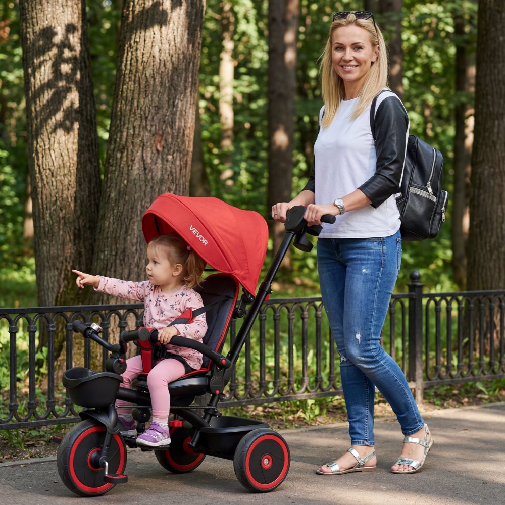 VEVOR Toddler Tricycle & Stroller for 1-5 Year Old, 6-in-1 Kids Trike with Parent Push Handle, Canopy, Adjustable Seat and Storage, Tricycle for Toddlers, Birthday Toy for Boys and Girls, Red/Black