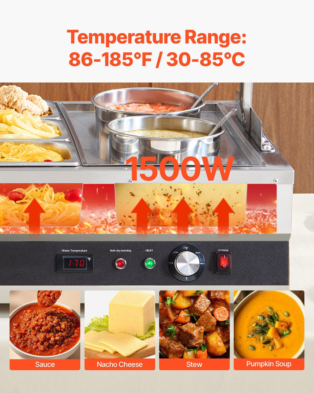 Temperature range 86-185°F (30-85°C) and 1500W heating power (feature graphic)