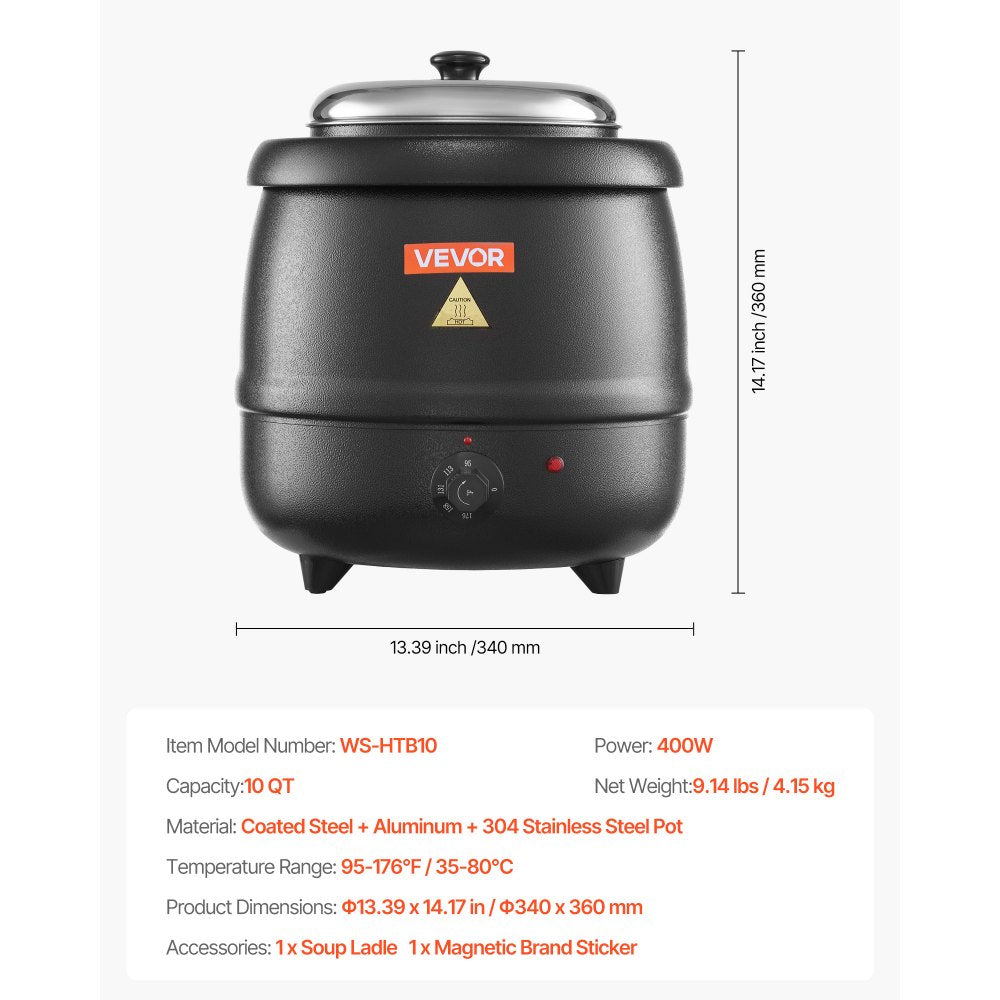 VEVOR Electric Soup Warmer, 10QT Commercial Soup Kettle with 304 Stainless Steel Detachable Insert Pot, 95~176°F Adjustable Temperature, Soup Station for Restaurant and Big Family, Black
