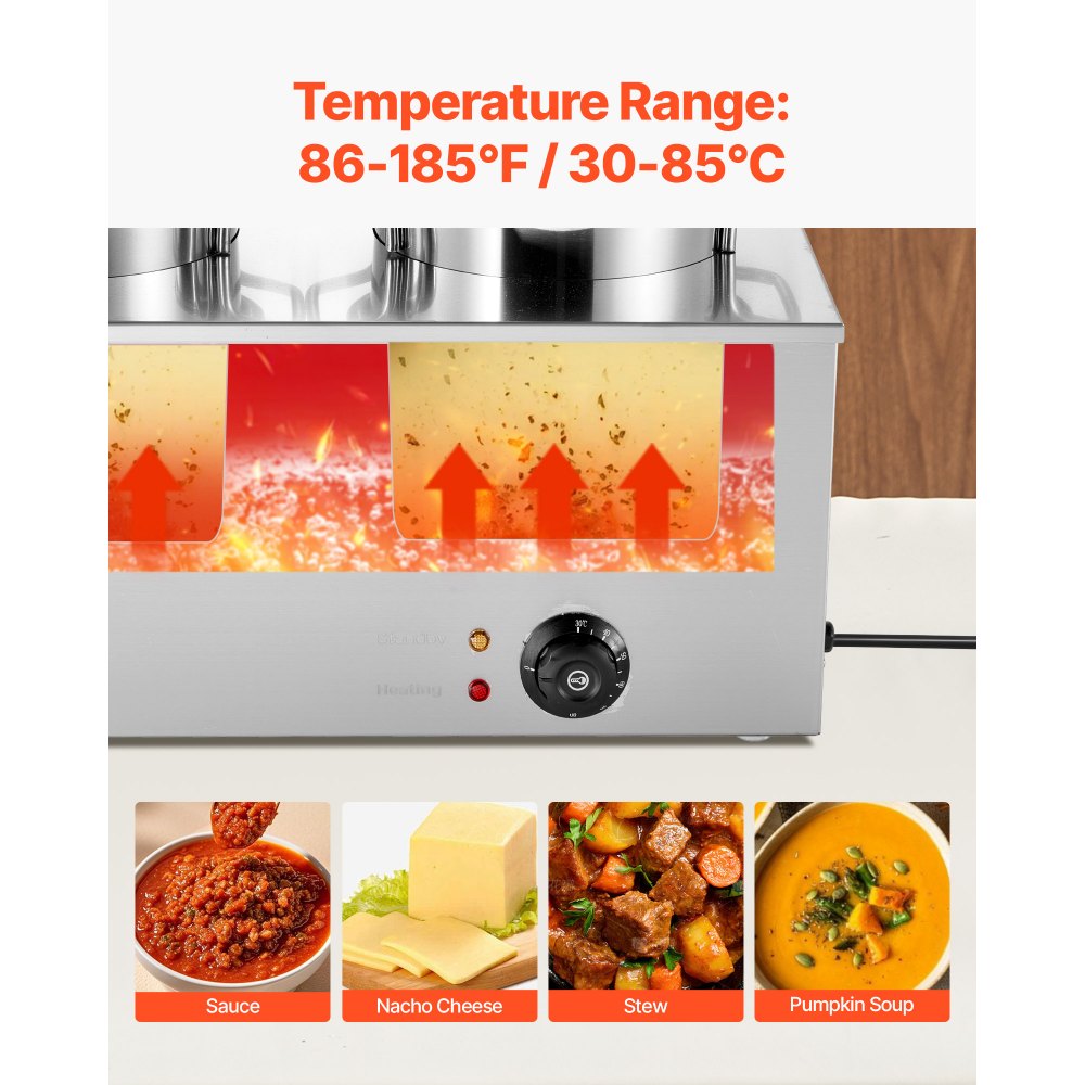 VEVOR Electric Soup Warmer, Two 6.34QT Stainless Steel Round Pot with 86~185°F Adjustable Temp, 1200W Commercial Bain Marie Compatible with Pans, Soup Station for Restaurant, Buffet