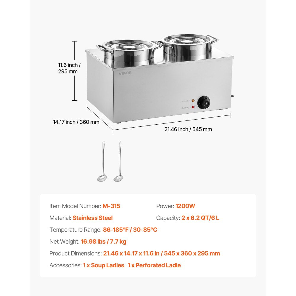 VEVOR Electric Soup Warmer, Two 6.34QT Stainless Steel Round Pot with 86~185°F Adjustable Temp, 1200W Commercial Bain Marie Compatible with Pans, Soup Station for Restaurant, Buffet