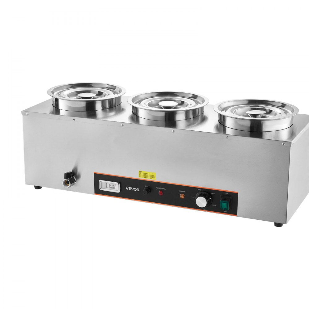 VEVOR Electric Soup Warmer, Three 6.34QT Stainless Steel Round Pot with 86~185°F Adjustable Temp, 1500W Commercial Bain Marie with Anti-dry Burn and Reset Button, Soup Station for Restaurant, Buffet