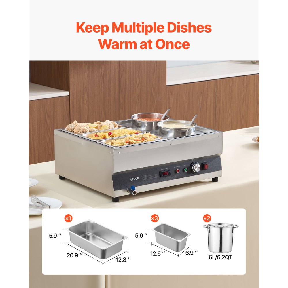 VEVOR Electric Soup Warmer, Two 6.34QT Pots & Three 1/3 Pans, Stainless Steel Commercial Food Warmer with 86~185°F Adjustable Temp, 1500W Bain Marie, Soup Station for Restaurant, Buffet
