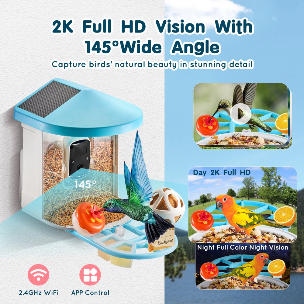 VEVOR Smart Bird Feeder with Camera, 2K HD AI Identify 10000+ Bird Species, Solar-Powered Bird Watching Camera with Auto Capture & Instant Notify, Wireless Outdoor Gift for Bird Lover (3 Solar Panels)
