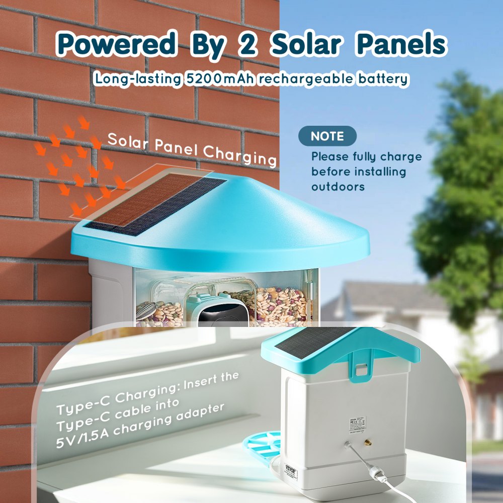 VEVOR Smart Bird Feeder with Camera, 2K HD AI Identify 10000+ Bird Species, Solar-Powered Bird Watching Camera with Auto Capture & Instant Notify, Wireless Outdoor Gift for Bird Lover (2 Solar Panels)