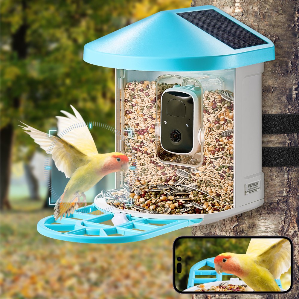 VEVOR Smart Bird Feeder with Camera, 2K HD AI Identify 10000+ Bird Species, Solar-Powered Bird Watching Camera with Auto Capture & Instant Notify, Wireless Outdoor Gift for Bird Lover (2 Solar Panels)