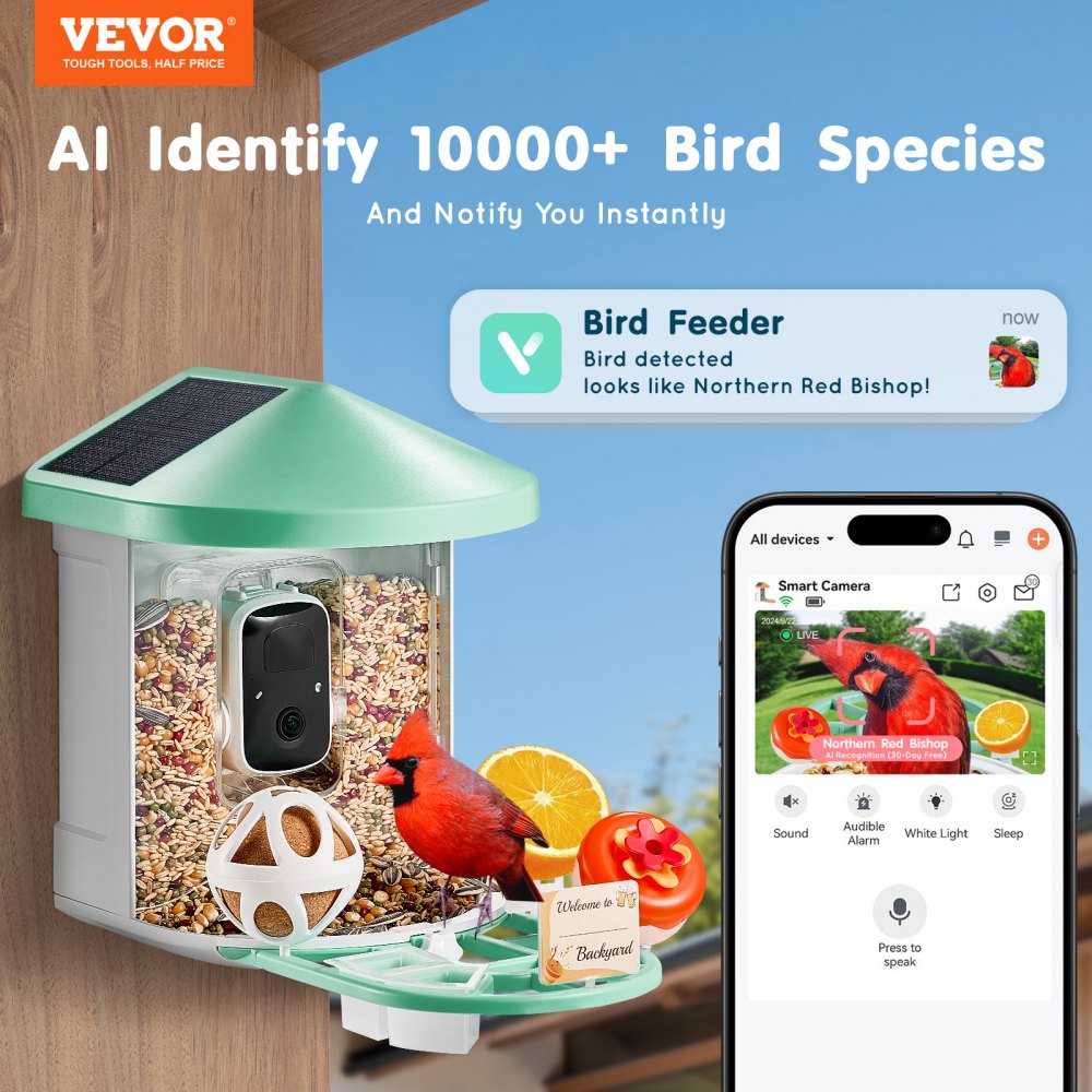 VEVOR Smart Bird Feeder with Camera, 2K HD AI Identify 10000+ Bird Species, Solar-Powered Bird Watching Camera with Auto Capture & Instant Notify, Wireless Outdoor Gift for Bird Lover (2 Solar Panels)