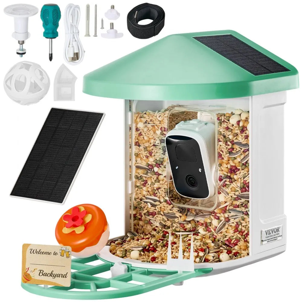 VEVOR Smart Bird Feeder with Camera, 2K HD AI Identify 10000+ Bird Species, Solar-Powered Bird Watching Camera with Auto Capture & Instant Notify, Wireless Outdoor Gift for Bird Lover (3 Solar Panels)