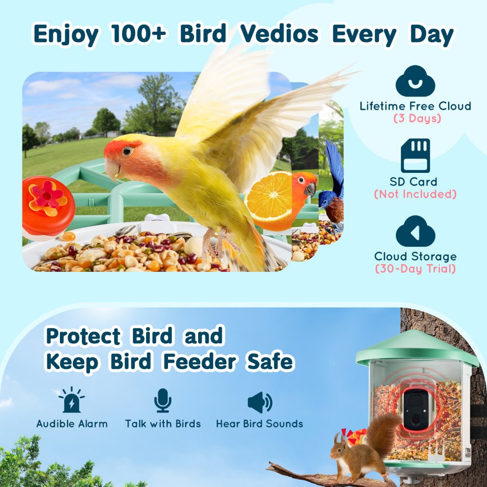 VEVOR Smart Bird Feeder with Camera, 2K HD AI Identify 10,000+ Bird Species, Solar-Powered Bird Watching Camera with Auto Capture & Instant Notify, Wireless Outdoor Ideal Gift for Bird Lovers (Green)