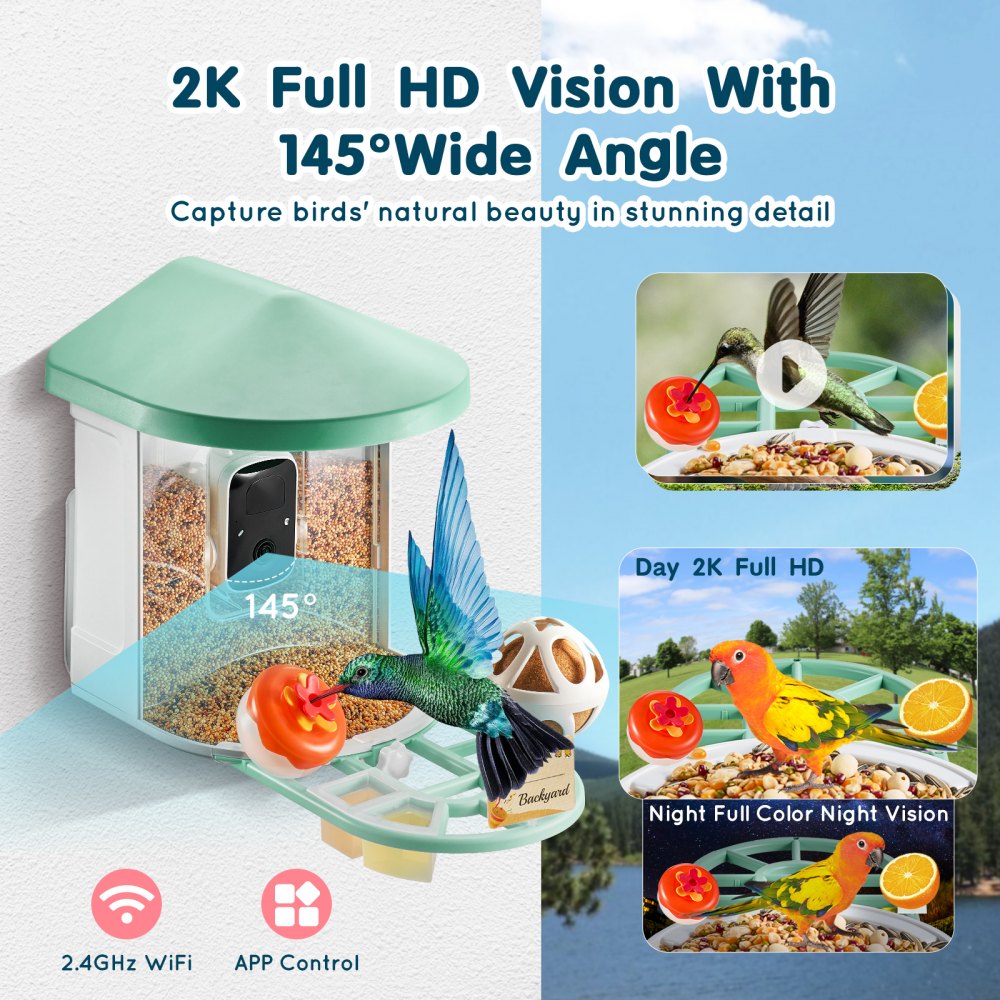VEVOR Smart Bird Feeder with Camera, 2K HD AI Identify 10,000+ Bird Species, Solar-Powered Bird Watching Camera with Auto Capture & Instant Notify, Wireless Outdoor Ideal Gift for Bird Lovers (Green)