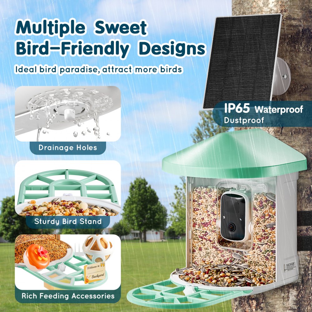 VEVOR Smart Bird Feeder with Camera, 2K HD AI Identify 10,000+ Bird Species, Solar-Powered Bird Watching Camera with Auto Capture & Instant Notify, Wireless Outdoor Ideal Gift for Bird Lovers (Green)
