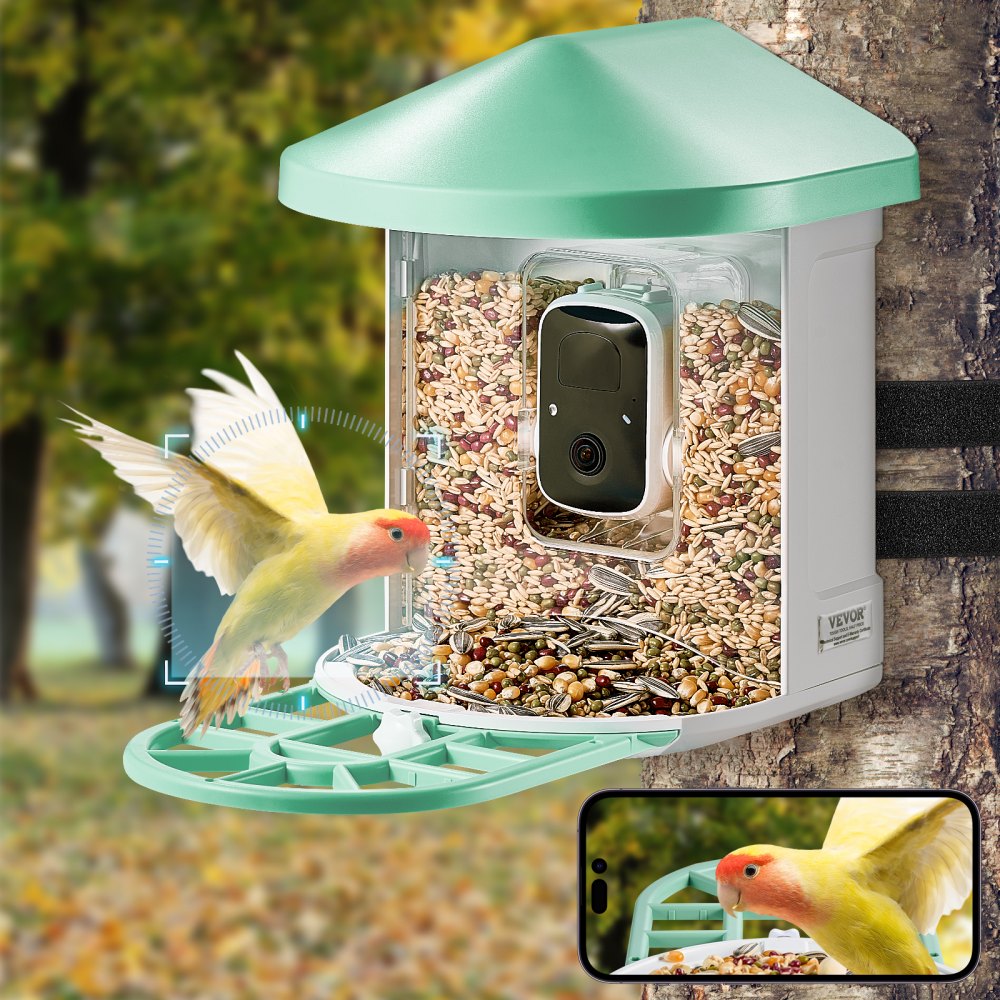 VEVOR Smart Bird Feeder with Camera, 2K HD AI Identify 10,000+ Bird Species, Solar-Powered Bird Watching Camera with Auto Capture & Instant Notify, Wireless Outdoor Ideal Gift for Bird Lovers (Green)