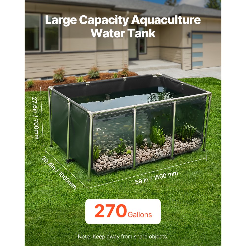VEVOR Canvas Fish Pond, 270 Gal Above Ground Fish Pond, PVC Koi Tank with Clear Viewing Panel, Rectangular Goldfish Tank with Stainless Steel Frame & Drain Valve, for Breeding Koi, Irrigation(Black)