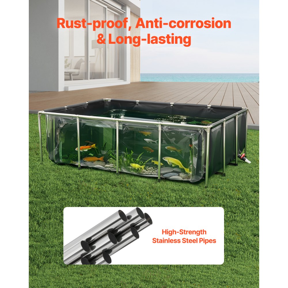 VEVOR Canvas Fish Pond, 470 Gal Above Ground Fish Pond, PVC Koi Tank with Clear Viewing Panel, Rectangular Goldfish Tank with Stainless Steel Frame & Drain Valve, for Breeding Koi, Irrigation(Black)