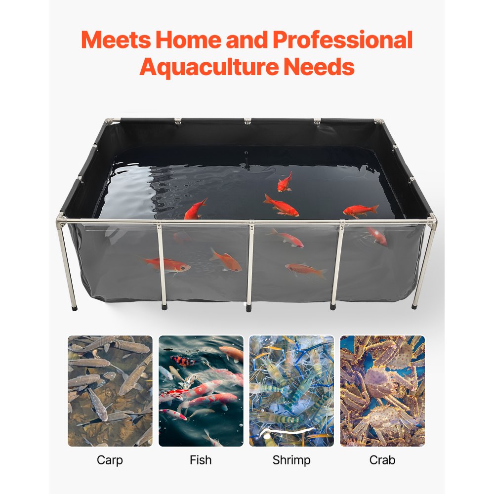 VEVOR Canvas Fish Pond, 470 Gal Above Ground Fish Pond, PVC Koi Tank with Clear Viewing Panel, Rectangular Goldfish Tank with Stainless Steel Frame & Drain Valve, for Breeding Koi, Irrigation(Black)