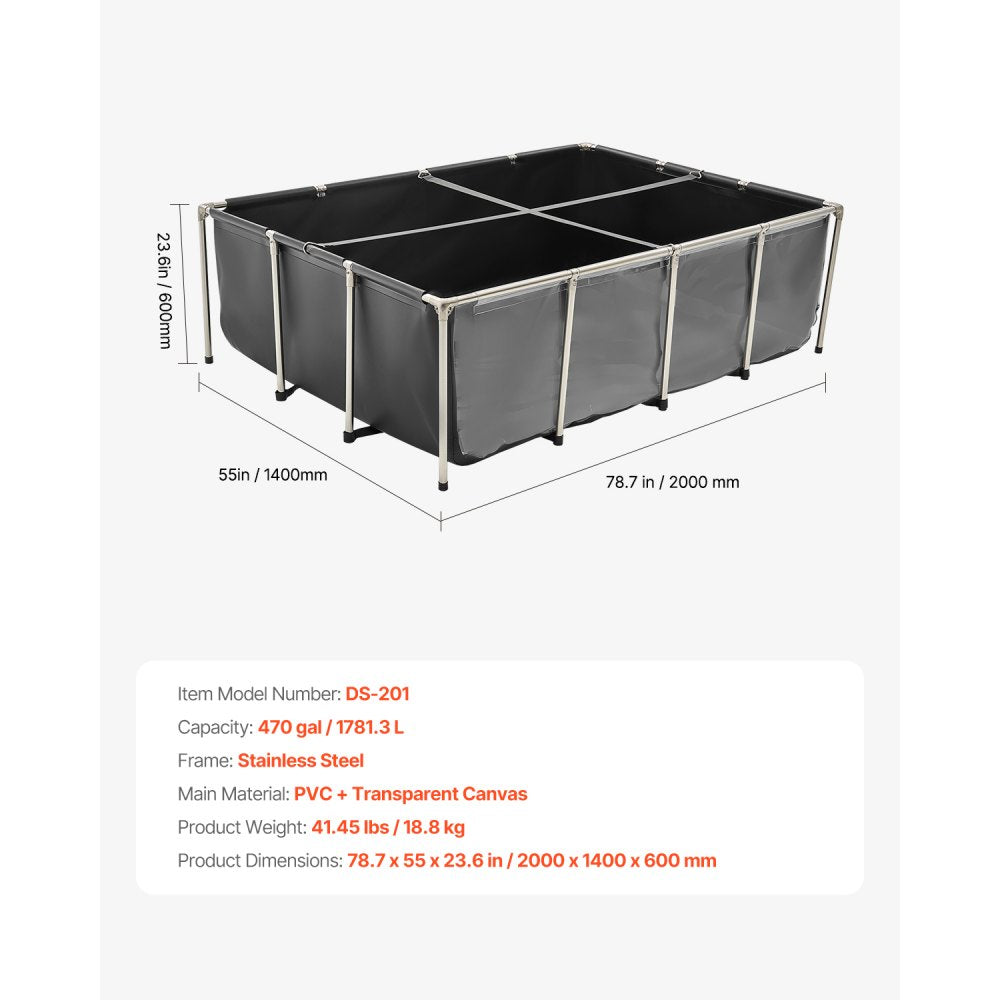 VEVOR Canvas Fish Pond, 470 Gal Above Ground Fish Pond, PVC Koi Tank with Clear Viewing Panel, Rectangular Goldfish Tank with Stainless Steel Frame & Drain Valve, for Breeding Koi, Irrigation(Black)