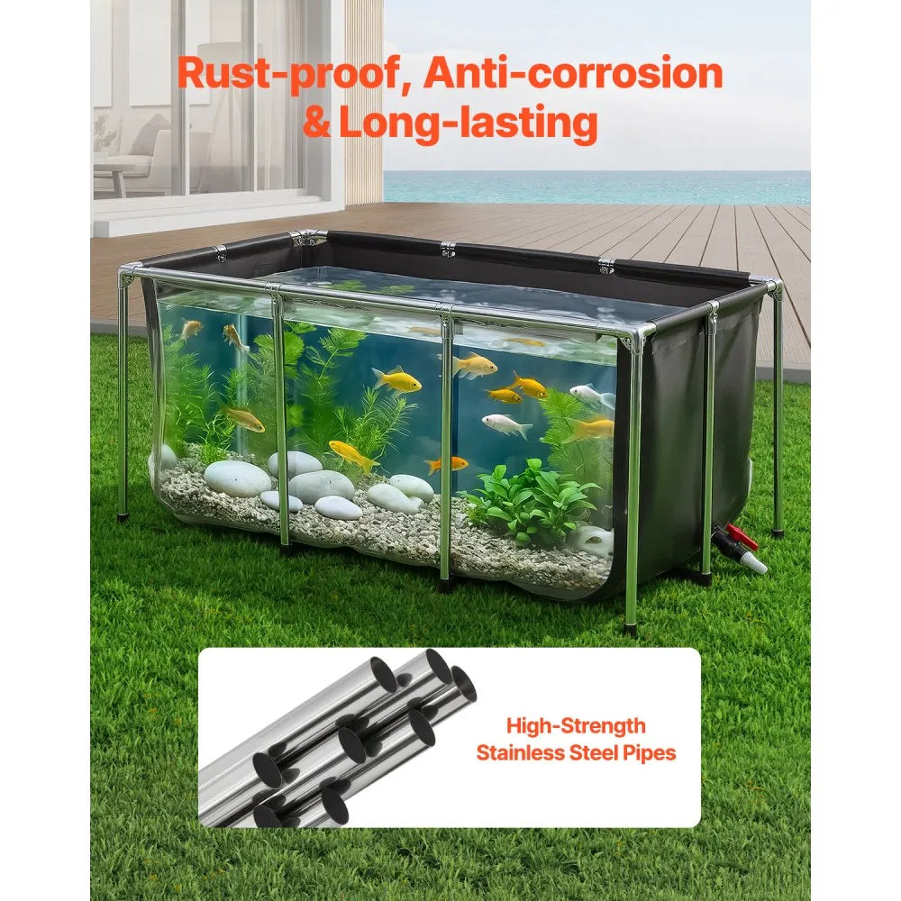 VEVOR Canvas Fish Pond 200 Gal Above Ground Fish Pond Black PVC Koi Tank, Rectangular Goldfish Tank with Clear Viewing Panel, Stainless Steel Frame and Drain Valve, for Breeding Koi and Irrigation