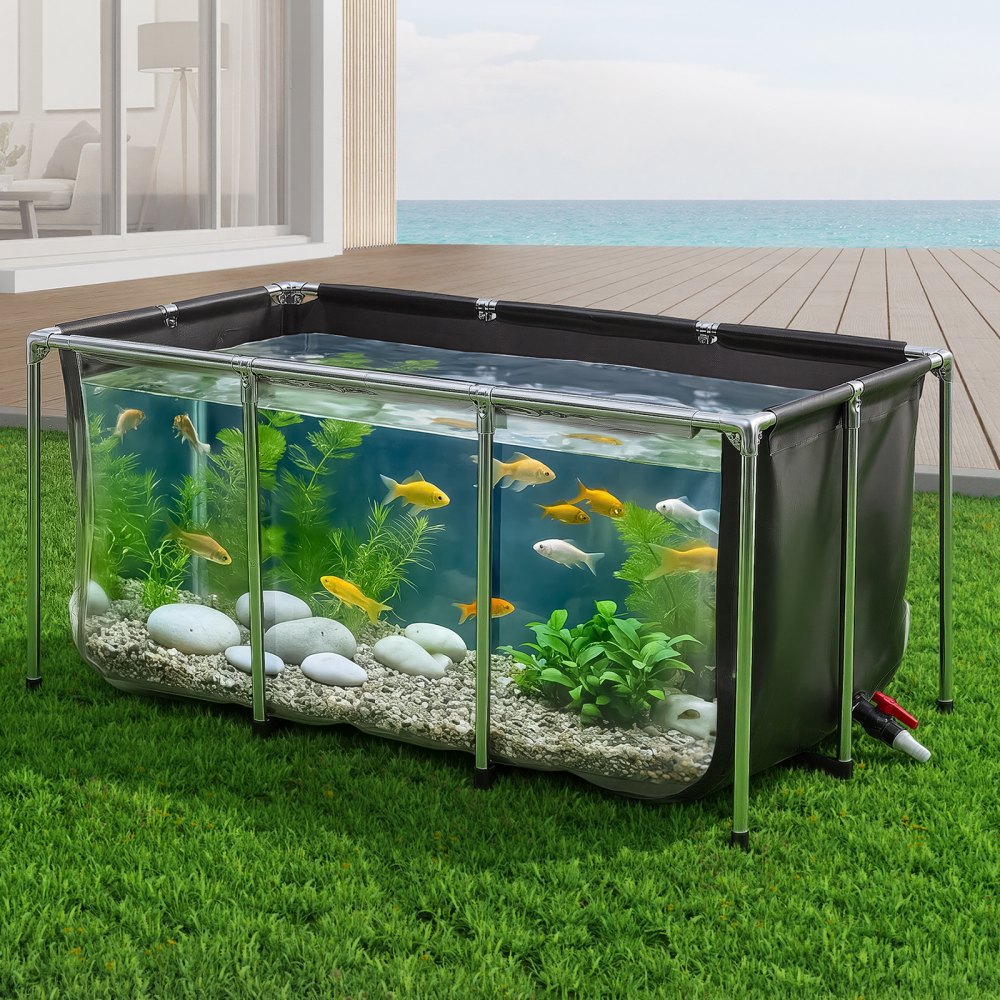 VEVOR Canvas Fish Pond 200 Gal Above Ground Fish Pond Black PVC Koi Tank, Rectangular Goldfish Tank with Clear Viewing Panel, Stainless Steel Frame and Drain Valve, for Breeding Koi and Irrigation