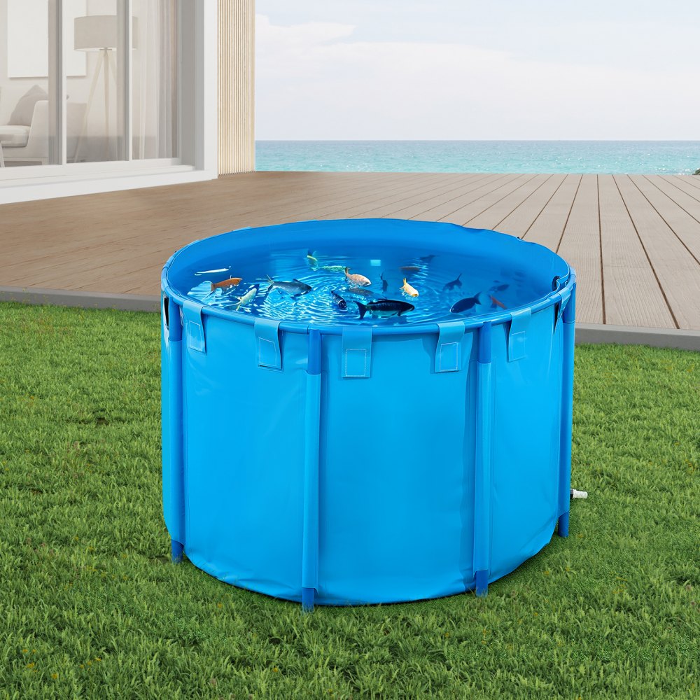 VEVOR Canvas Fish Pond, 448.8 Gal Capacity Above Ground Fish Pond, Foldable PVC Koi Tank, Round Goldfish Tank with Stable Frame and Drain Valve, for Aquaculture, Koi Breeding, and Irrigation (Blue)