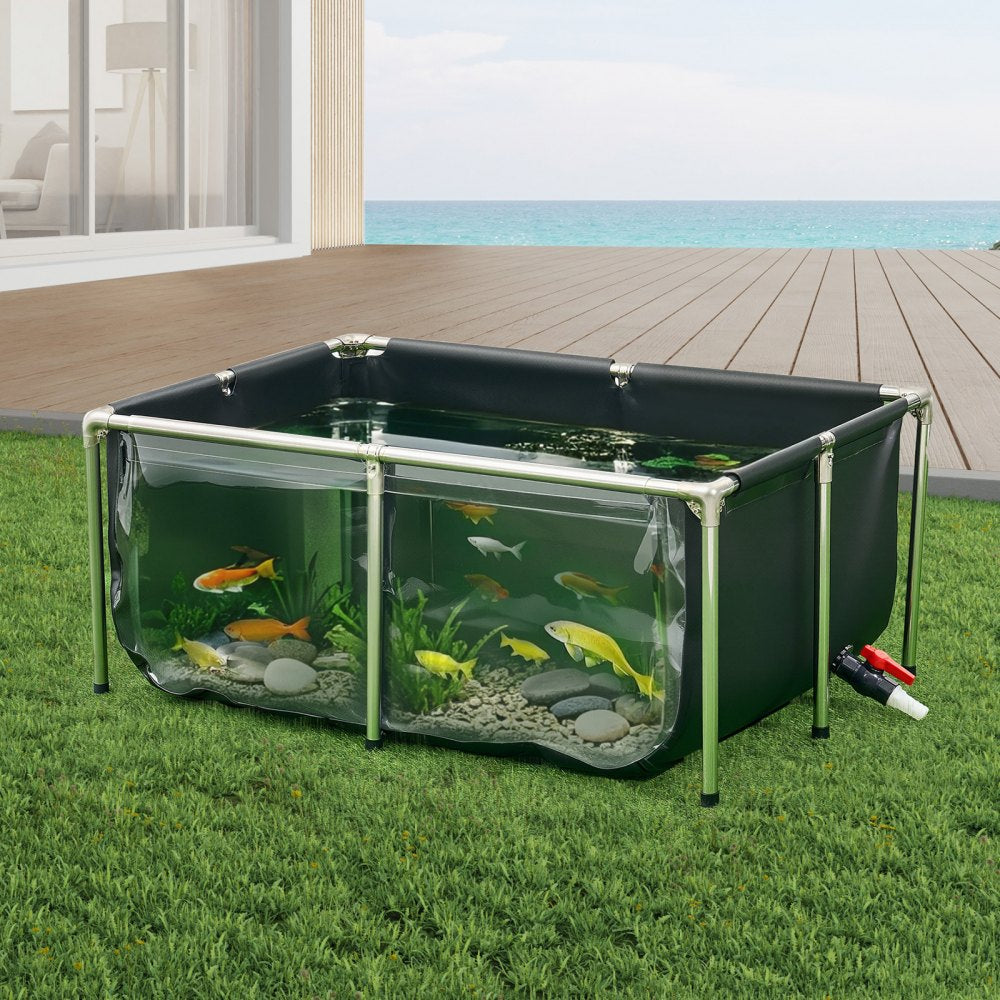 VEVOR Canvas Fish Pond, 126.8 Gal Above Ground Fish Pond, PVC Koi Tank with Clear Viewing Panel, Rectangular Goldfish Tank with Stainless Steel Frame & Drain Valve, for Breeding Koi, Irrigation(Black)