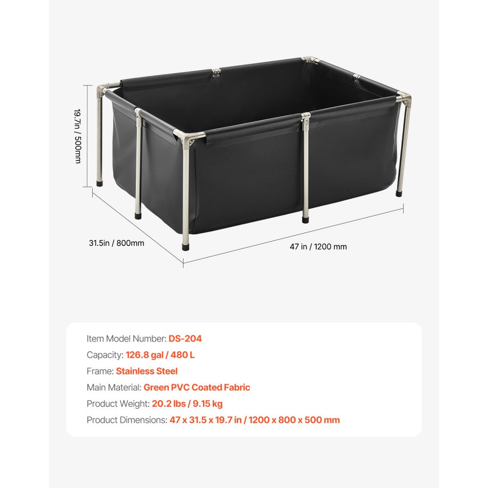 VEVOR Canvas Fish Pond, 126.8 Gal Above Ground Fish Pond, Foldable PVC Koi Tank, Rectangular Goldfish Tank with Stable Frame and Drain Valve, for Aquaculture, Koi Breeding, and Irrigation (Black)