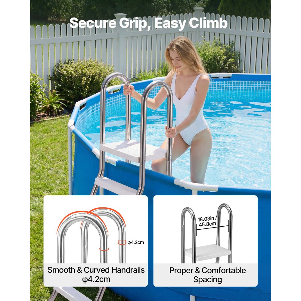 VEVOR Above Ground Pool Ladder, Stainless Steel A-Frame Swimming Pool Stairs for 49.2 in High Wall, 330 lbs Capacity Heavy Duty Entry/Exit Steps with Secure Non-Slip 4 Steps and Platform, Silver